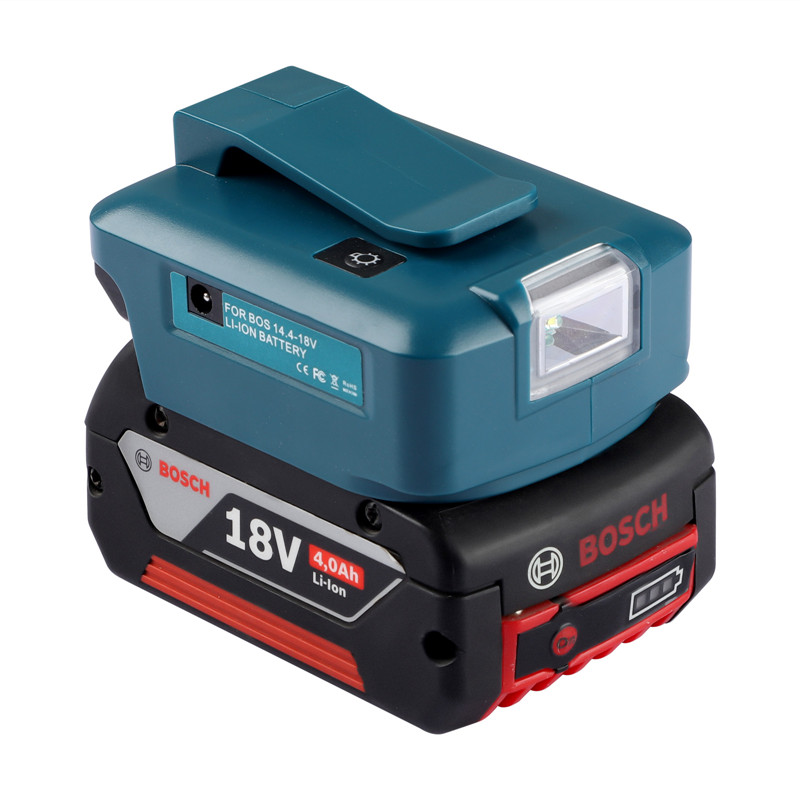 Cuibheoir Ceallraí Urun le gearrthóg Chreasa agus Port DC & 2 USB Port & Solas LED Geal le haghaidh Foinse Cumhachta Battery Litiam Bosch 14.4-18V (3)