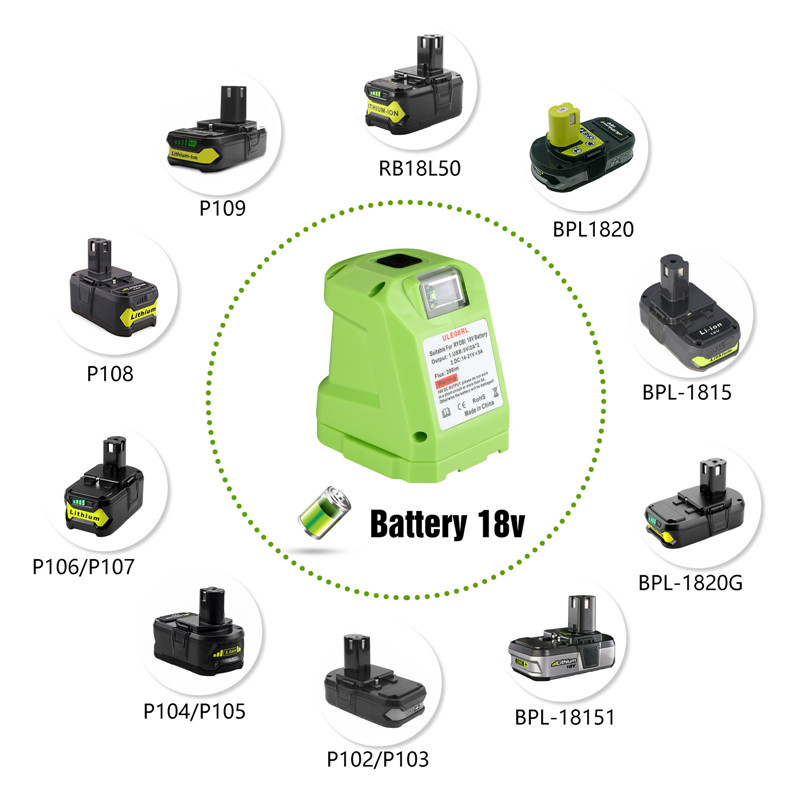 Urun batteriadapter med DC-port & 2 USB-port & skarpt LED-lys til Ryobi 14,4-18V Lithium-batteristrømkilde (6)