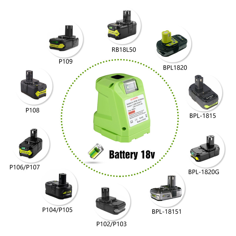 Urun Battery Adapter with DC Port &2 USB Port & Bright LED Light for Ryobi 14.4-18V Lithium Battery Power Source  (6)